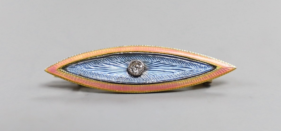 An early 20th century Russian 56 zolotnik yellow metal, two colour enamel and diamond set marquise shaped brooch, 39mm, gross weight 3.9 grams.